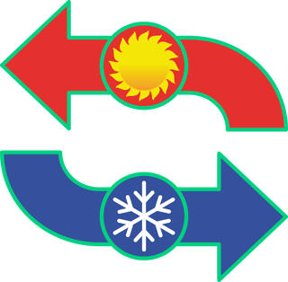 ein roter Pfeil mit einer Sonne und ein pfeil mit einer Schneeflocke bilden einen Kreislauf umd die Wärmerückgewinnung darzustellen