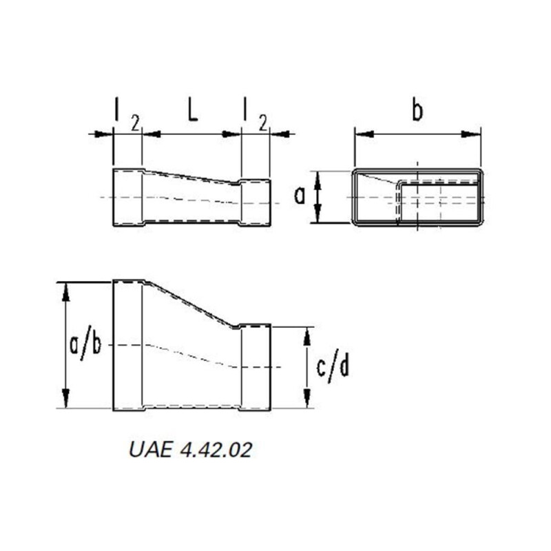 Flachkanal Übergangsstück auf Wickelfalzrohr b=180mm Ø=125mm asymmetrisch 